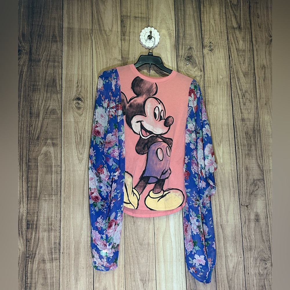 NWT Upcycled Mickey Floral Butterfly Wing sleeved shirt